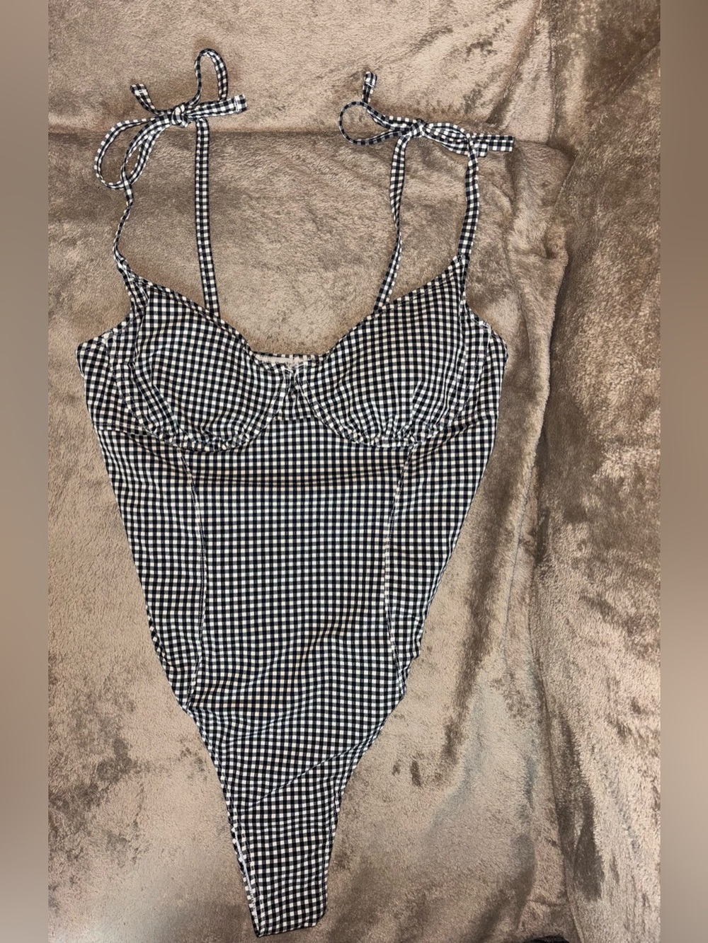 Forever 21 Black White Gingham Underwire One Piece Swimsuit Tie Shoulder 1XL